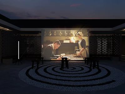 Traditional Courtyard Featuring Spiral Patterned Ground And Projection Of People Under Evening Lighting 3d model
