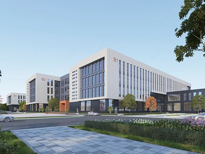 Modern Industrial Factory Building With Large Glass Windows Surrounding Trees And Greenery 3d model