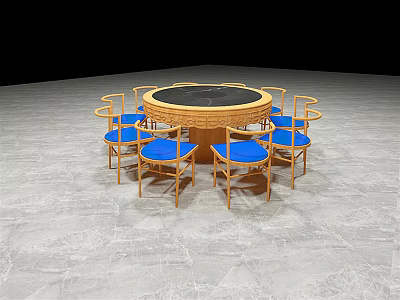 Round Wooden Dining Table Set With Blue Seats For Home Dining 3d model