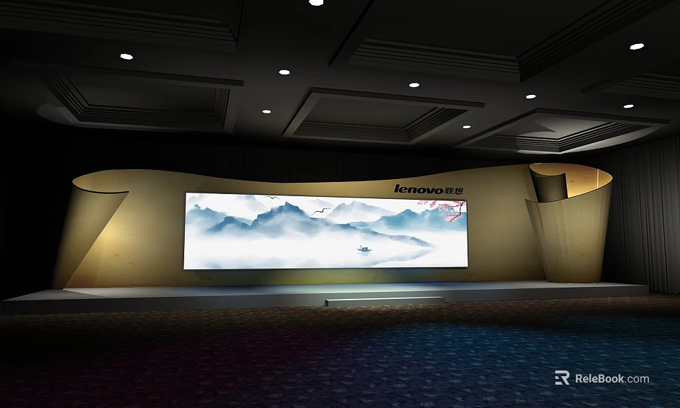 Lenovo Modern Display Space Featuring Large Chinese Landscape Painting Curved Walls And Recessed Lighting 3d model 