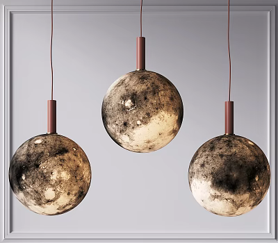 Three Moon Surface Texture Pendant Lights with Red Metal Rods Hanging in Modern Interior Design 3d model