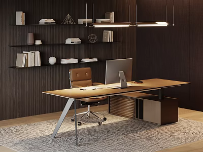 Modern Home Office Desk With Brown Chair Computer Monitor Bookshelves Books And Decorative Items 3d model