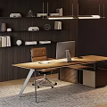 Modern Home Office Desk With Brown Chair Computer Monitor Bookshelves Books And Decorative Items