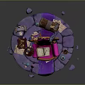 Ornate Enchanted Purple Armchair With Raven Open Book Scrolls And Floating Platform