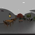Cozy Modern Café Interior With Wooden Tables Green Plants Hanging Lights And Artwork