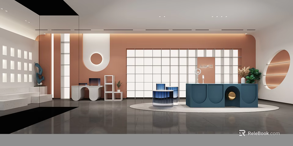 Bright Modern Public Office Space With Orange Accent Walls White Partitions And Blue Reception Counter 3d model 