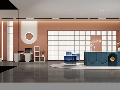 Bright Modern Public Office Space With Orange Accent Walls White Partitions And Blue Reception Counter 3d model