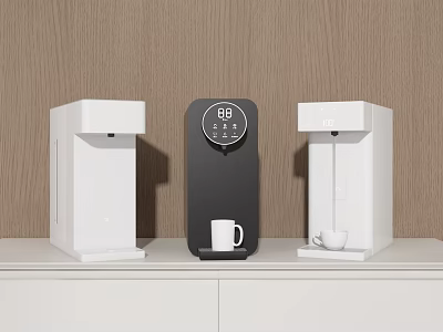 Three Modern Kitchen Appliances With Black White Design Display Screen And Cups 3d model