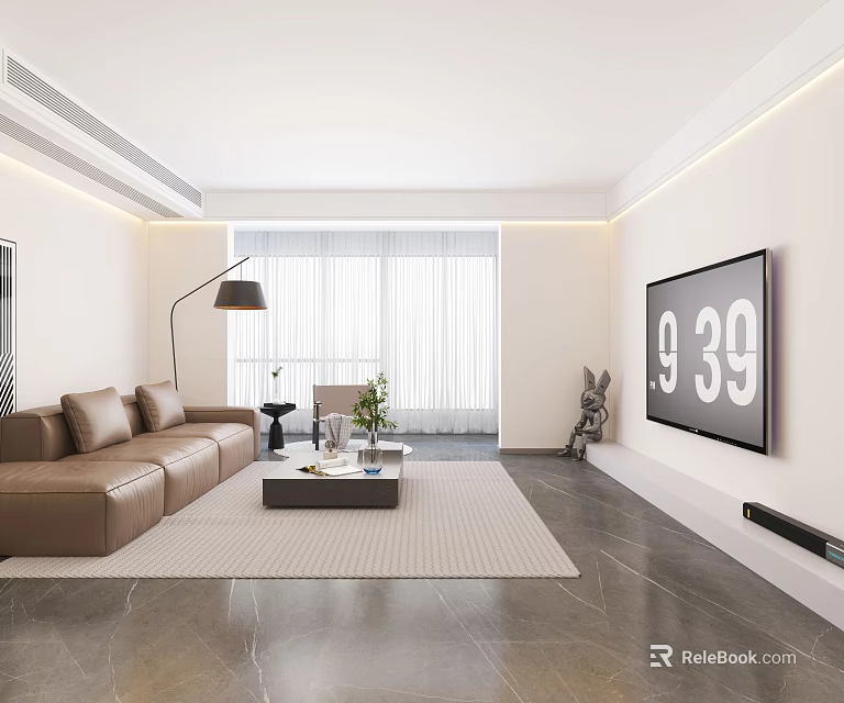 Modern Living and Dining Room Interior with Open Layout Sofa Dining Table and Pendant Light 3d model