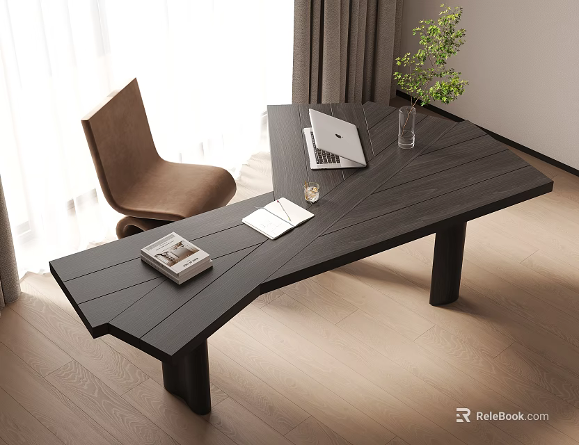 Modern Black Table and Brown Chair Set in Bright Room With Laptop Books and Plant 3d model 