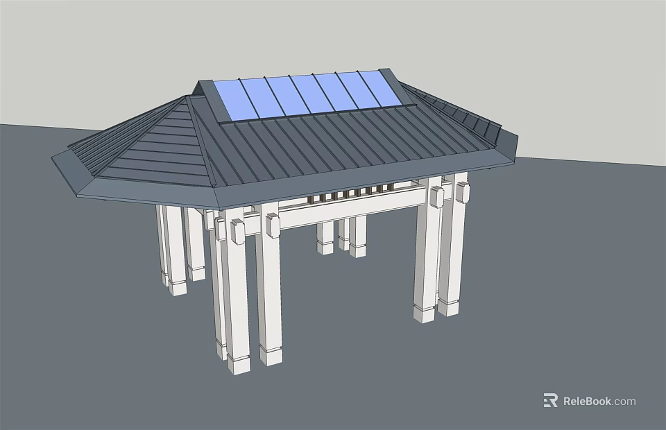 Traditional Style Pavilion With Black Roof Solar Panels And White Pillars 3d model 