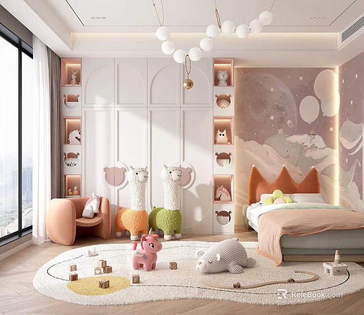 Cozy Kids Bedroom With Cartoon Murals And Plush Toys 3d model 