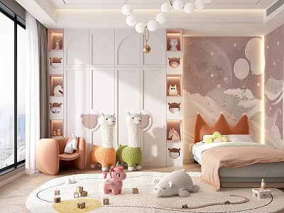 Cozy Kids Bedroom With Cartoon Murals And Plush Toys 3d model
