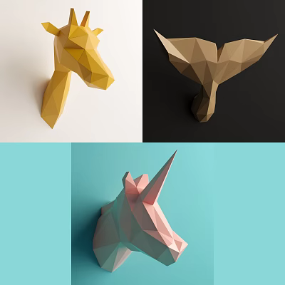Geometric Animal Wall Decor with Unicorn Whale Horse Shapes on Colorful Backgrounds 3d model