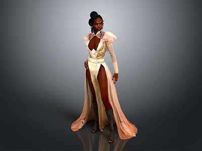 Woman with updo hair wearing white beige gradient dress with high slit and puffy sleeves 3d model