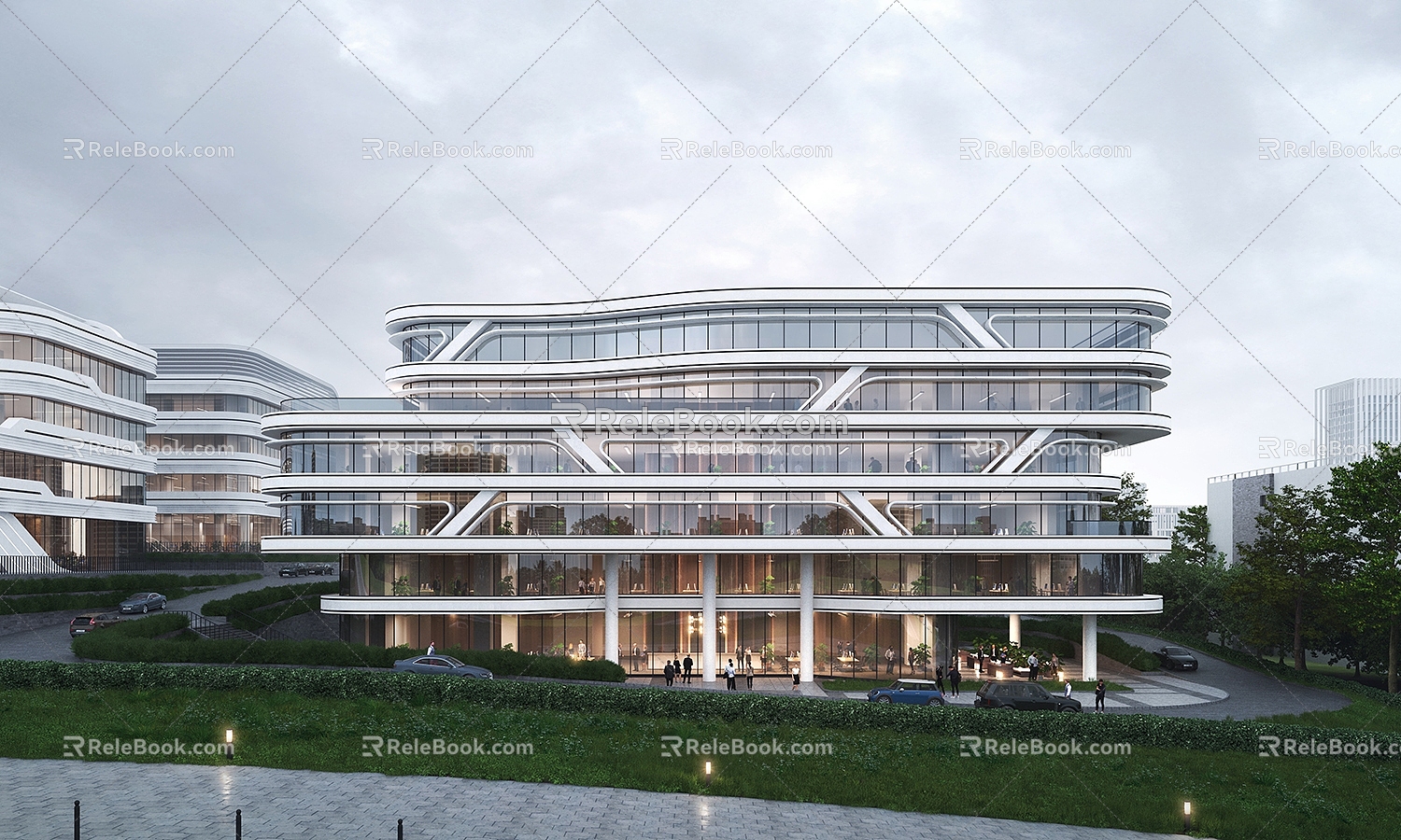 Industrial office building cloudy outdoor building texture material quiet space full mold scene glass texture glass inner transparent scene 3d model