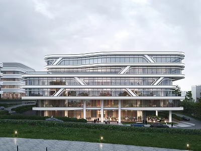 Modern Multi Storey Industrial Factory Building With Glass Facade And Green Landscaped Area 3d model