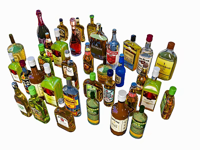 Liquor Bottles And Glasses Collection With Assorted Sizes Colors And Labels 3d model