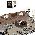Brown Sofa with Pillows Round Coffee Table Set White Chairs Floral Rug and Wall Art
