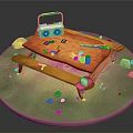 Outdoor Wooden Picnic Table With Blue Radio Tools Paint Bottles And Stones