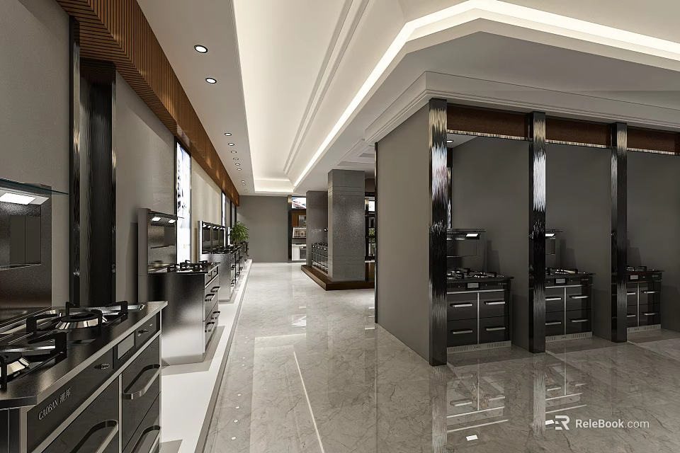 Modern Kitchen Showroom Display Area With Cabinets Stainless Steel Appliances Marble Flooring And Ceiling Lights 3d model 