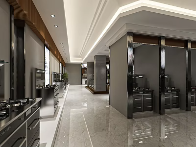 Modern Kitchen Showroom Display Area With Cabinets Stainless Steel Appliances Marble Flooring And Ceiling Lights 3d model