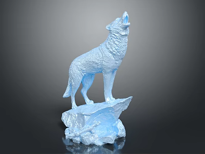 Blue Wolf Statue Standing on Ice Like Base Howling Detailed Sculpture 3d model