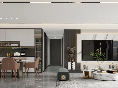 Modern Living Dining Room Interior Design With Dining Table Chairs TV Wall And Decorative Plants 3d model