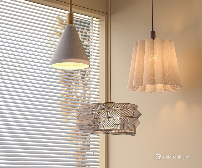 Modern Pendant Lights With Cone Shaped Pleated And Layered Textured Shades By Window Blinds 3d model 