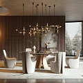 Elegant Modern Restaurant Interior With Wooden Walls Chandelier Round Dining Table And White Chairs