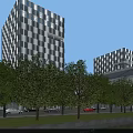 Modern Office Buildings Complex Featuring Green Roofs And Urban City Layout