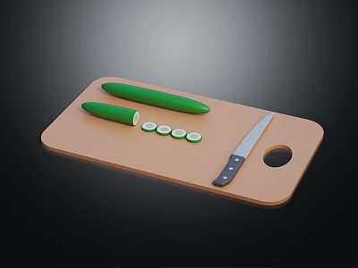 Fresh Whole and Halved Cucumber Sliced on Wooden Cutting Board with Knife 3d model