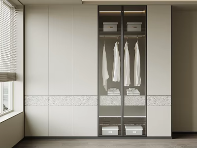 Modern Wardrobe Interior Design With Glass Doors Hanging White Clothes And Drawers 3d model