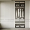 Modern Wardrobe Interior Design With Glass Doors Hanging White Clothes And Drawers