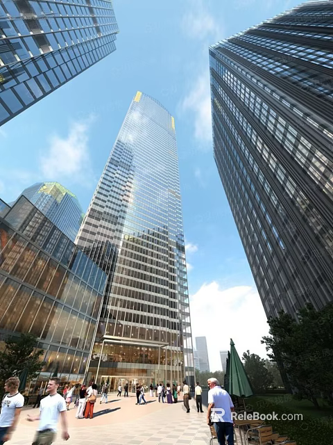 Modern High Rise Office Building With Glass Facade And Urban Skyline Under Clear Blue Sky 3d model 