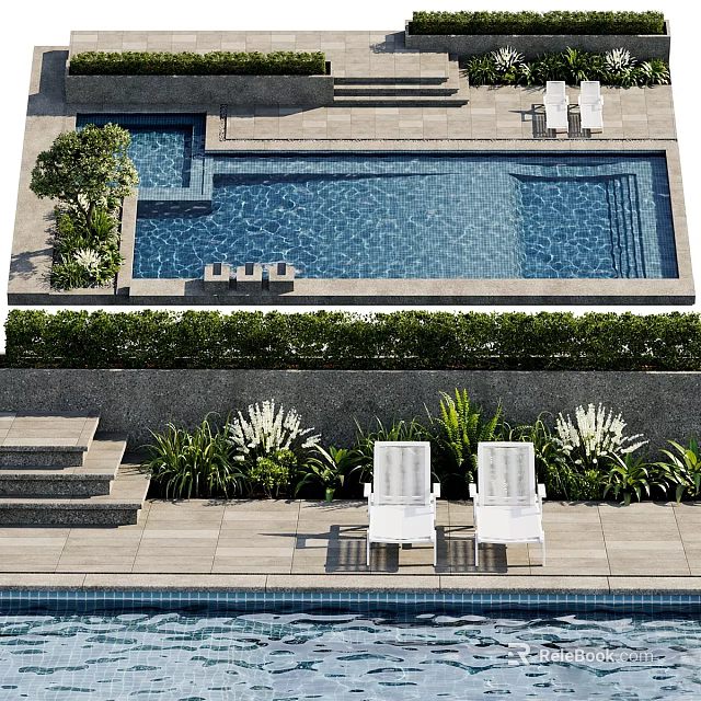 Serene Garden Patio With Swimming Pool Steps White Lounge Chairs And Green Hedge 3d model 