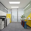 Modern Office Break Room with Yellow Wall Printer Colorful Stools Window City View and Plant