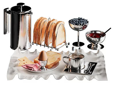 Complete Breakfast Tableware Set Including Toast Rack Egg Cup Jam Bowl And Coffee Pot 3d model