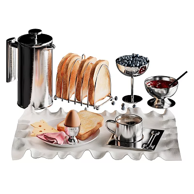 Complete Breakfast Tableware Set Including Toast Rack Egg Cup Jam Bowl And Coffee Pot 3d model