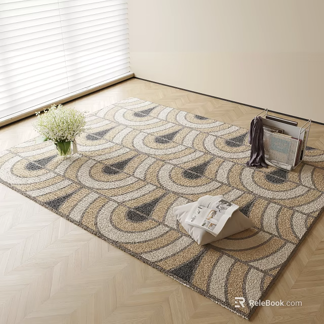 Geometric Pattern Square Rug For Living Room With Floral Vase And Magazine Basket 3d model 