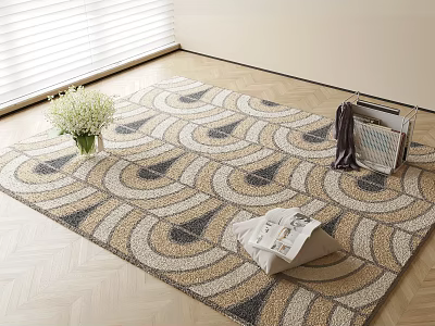 Geometric Pattern Square Rug For Living Room With Floral Vase And Magazine Basket 3d model