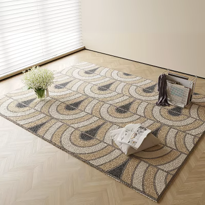 Geometric Pattern Square Rug For Living Room With Floral Vase And Magazine Basket 3d model