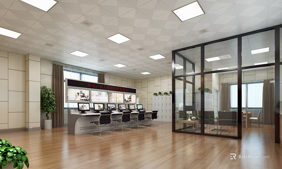 Modern Monitoring Room Interior With Multiple Screens Control Desk And Office Chairs Setup 3d model 