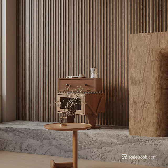 Small Round Wooden Side Table With Vase Dried Plants On Marble Floor And Slat Wall 3d model 