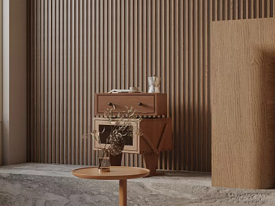 Small Round Wooden Side Table With Vase Dried Plants On Marble Floor And Slat Wall 3d model