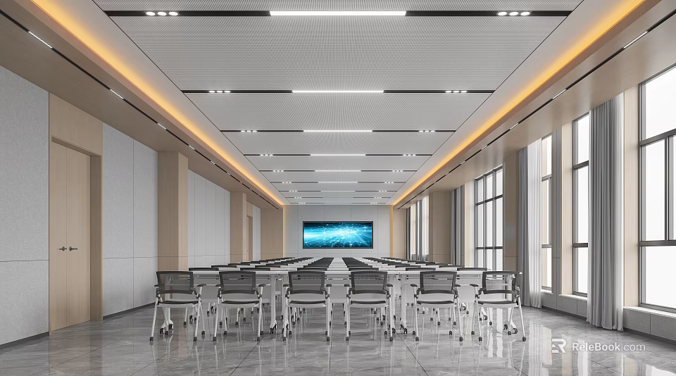 Modern Conference Room Interior Design With Long Table Chairs Large Screen And Bright Windows 3d model 