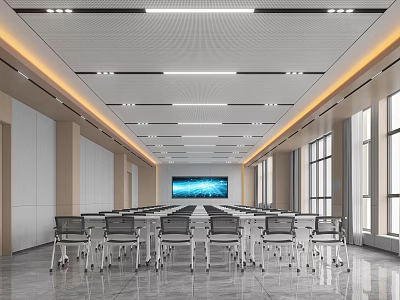 Modern Conference Room Interior Design With Long Table Chairs Large Screen And Bright Windows 3d model
