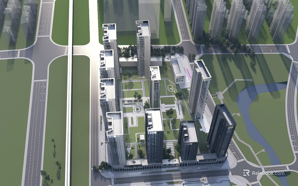 Modern High Rise Residential Complex With Central Garden And Green Landscape In Urban Area 3d model 