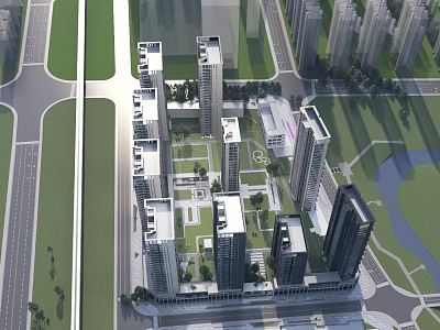 Modern High Rise Residential Complex With Central Garden And Green Landscape In Urban Area 3d model