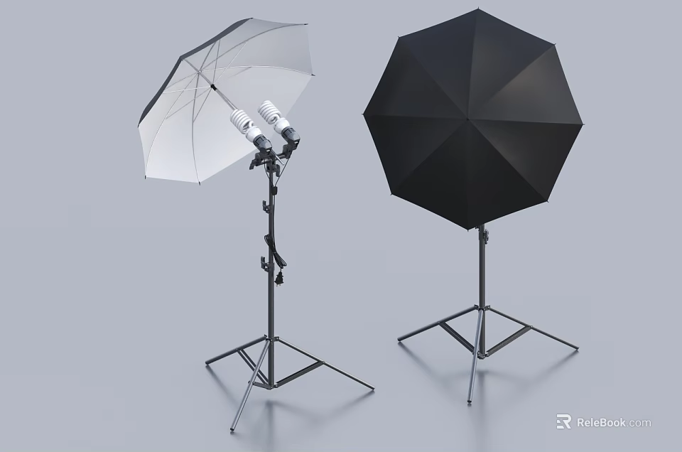 White and Black Photography Umbrella Softboxes on Tripod Stands for Studio Setup 3d model 